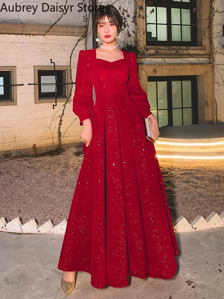 Elegant Red Sequins Vintage V-neck Midi Dress