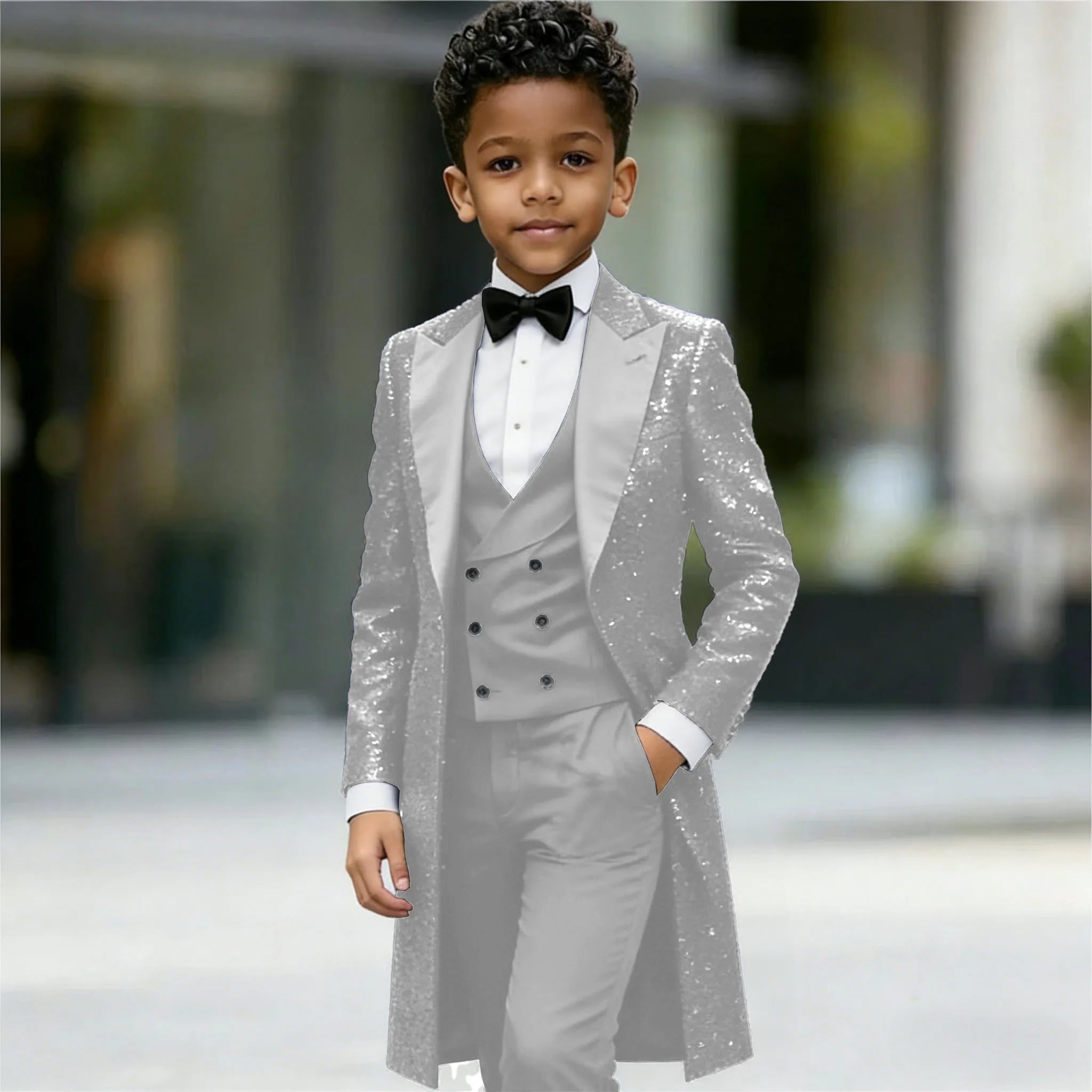Navy Blue Sequin Boys 3‑Piece Wedding Tuxedo Set – Long Tailcoat, Vest & Pants
