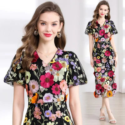 Summer High-end Embroidery Lace 3D Flower Short Sleeve Long Dress