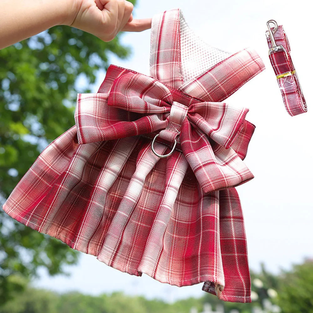Plaid Dog Dress Bow Tie Harness Leash Set for Small Dogs Cats