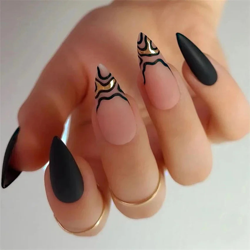 24Pcs/Set Long French Heart Gold Thread Fake Nails