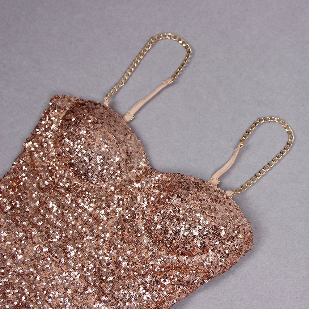 Luxury Gold Sequins Design Birthday Party Clubwear Sleeveless Spaghetti Strap Jumpsuits With Belt