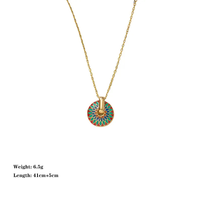 Stainless Steel Vintage Painted Flower Pendant Necklace & Earrings Set
