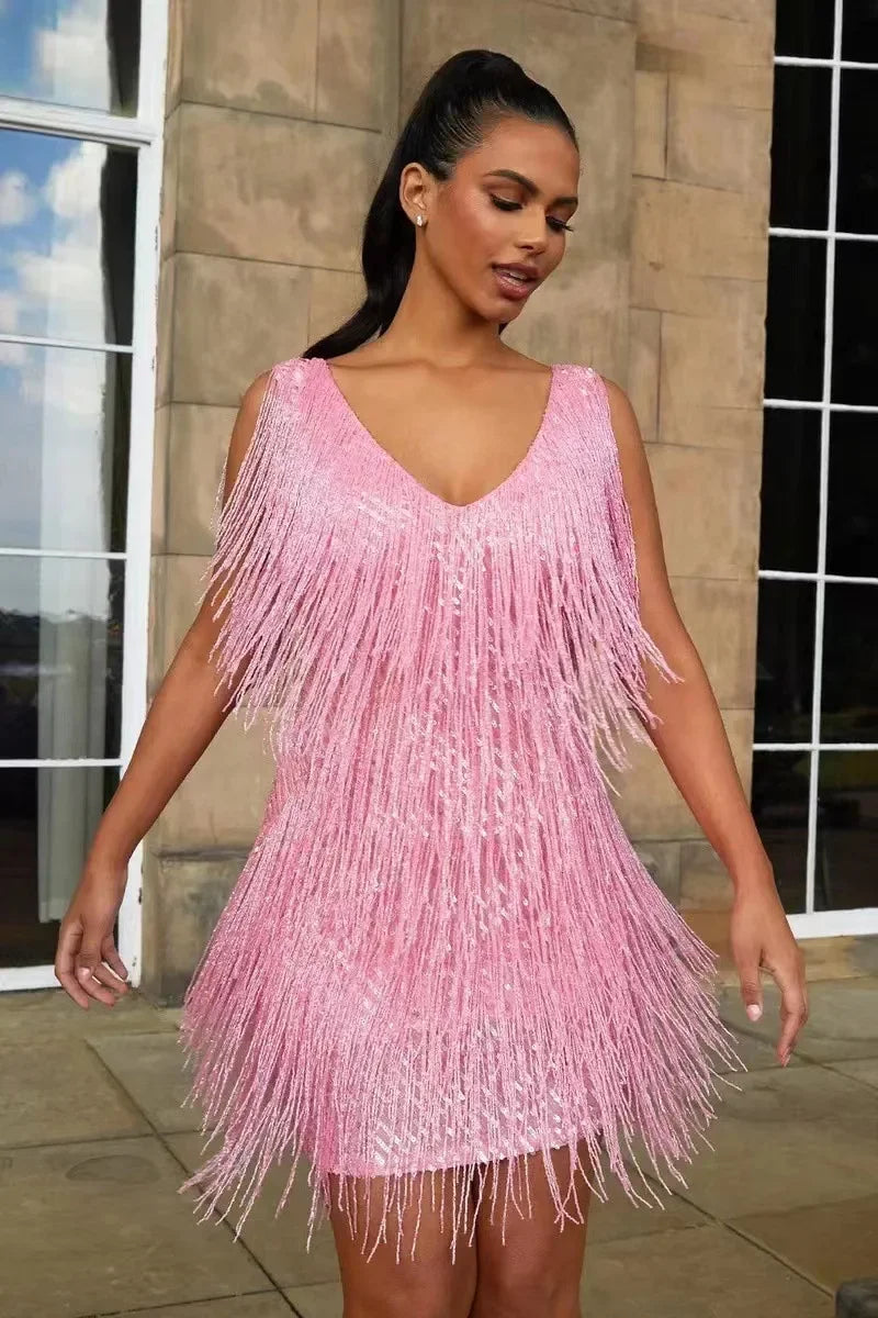 New  Sexy Tassel V Neck Backless Club Night Dresses