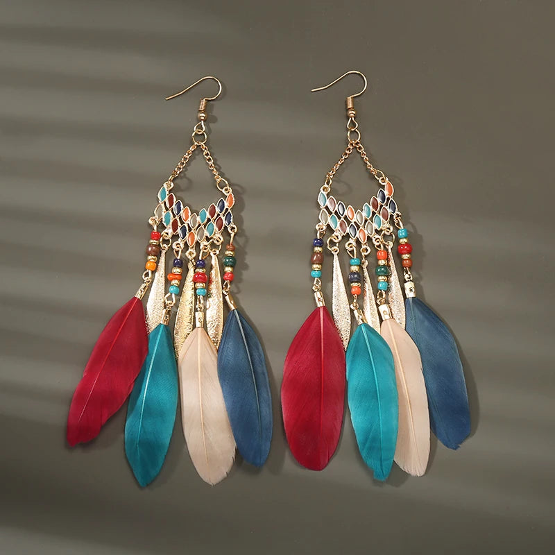 Boho Long Feather Dangle Earrings – Handmade Tassel & Enamel Flower Statement Jewelry for Women