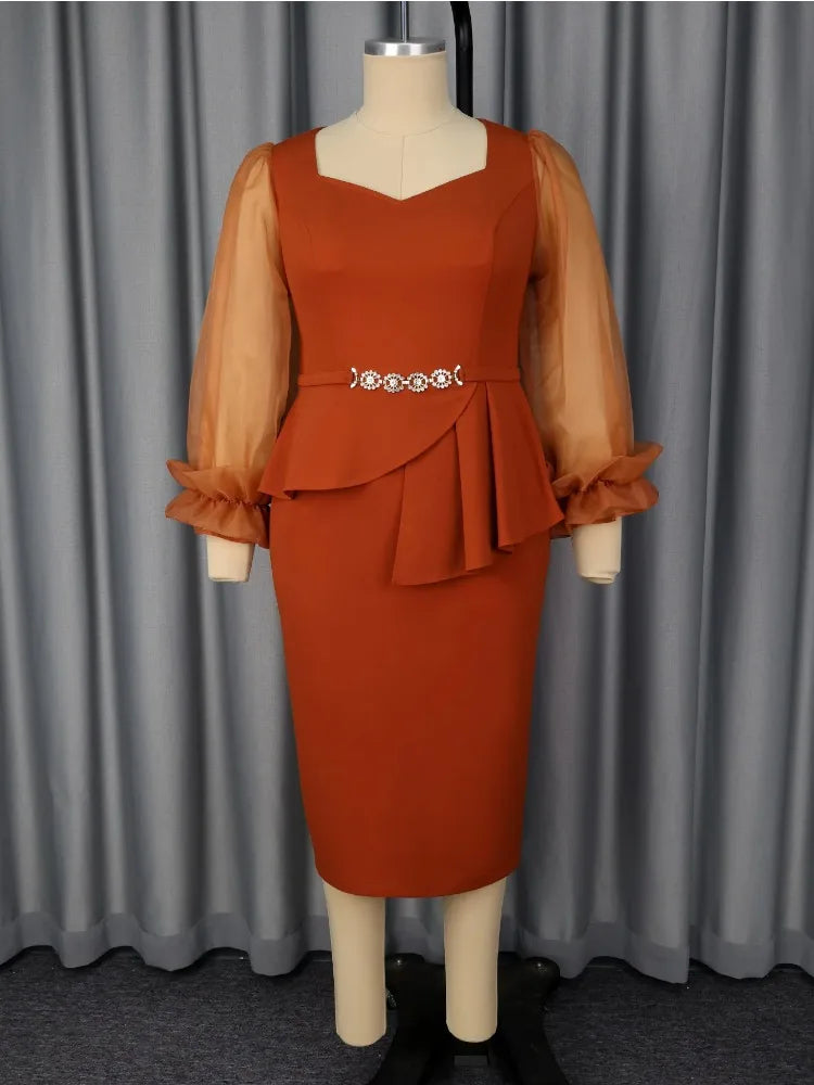 Elegant 2026 Summer African Long Sleeve V-neck Mesh Polyester Bodycon Midi Dress
