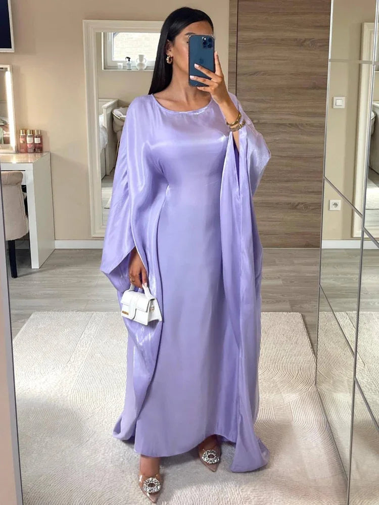 Autumn Loose Butterfly Batwing Long Sleeve Shiny Maxi Dress