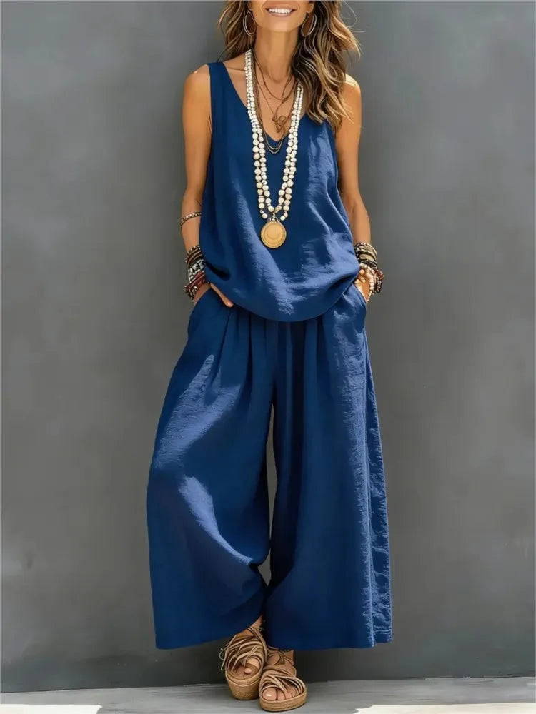 Casual Cotton Linen Vest Trousers 2-piece Summer New Fashion Loose Retro Simple Women's Vacation Wide-leg Trousers Set 2026
