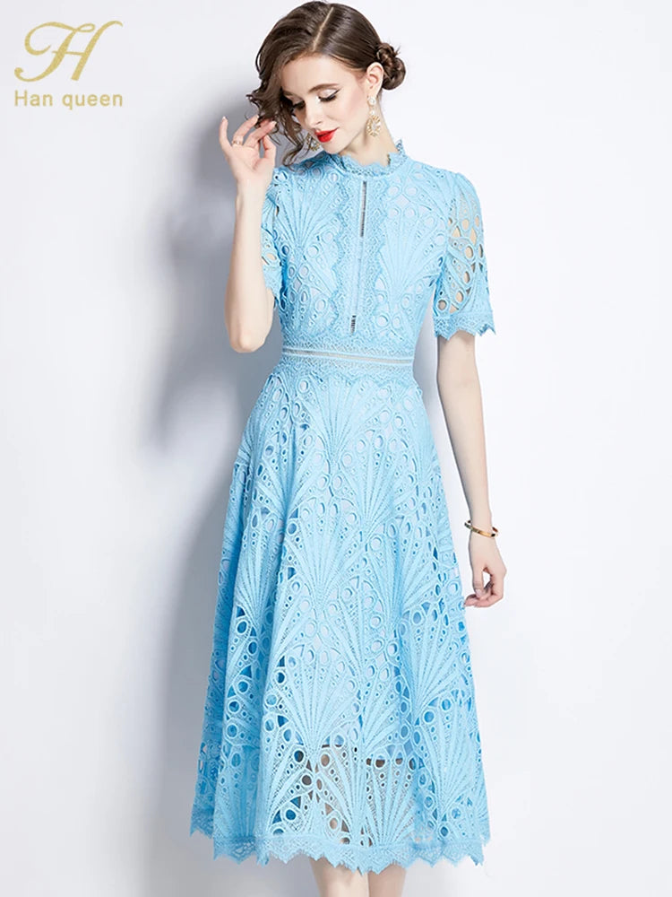 Spring New Elegant Floral Crochet Hollow Out Lace Patchwork Casual Office Midi Dress