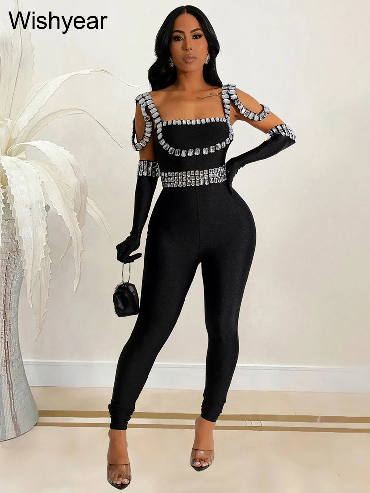 Sexy Backless Rhinestone Bodycon One Piece JumpsuitvWith Gloves