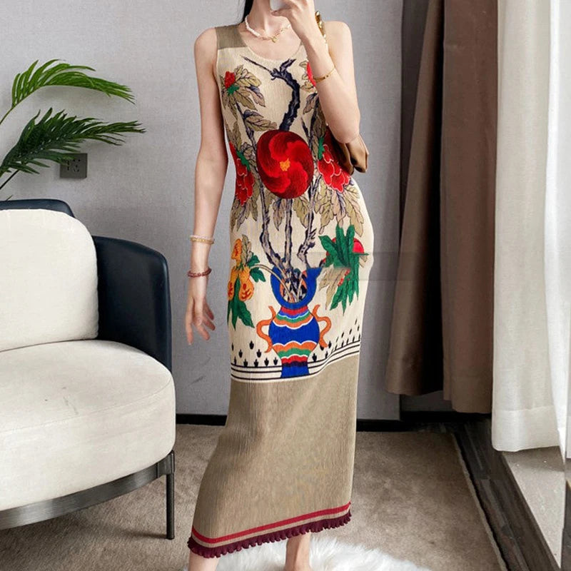 Summer Minimalist Printed Sleeveless Pleated Dress