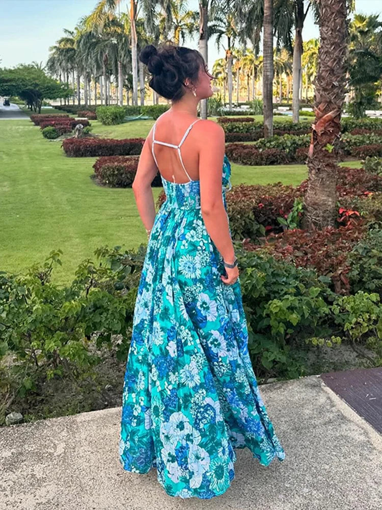 Flower Printed Sleeveless Backless Summer Slip Long Dress