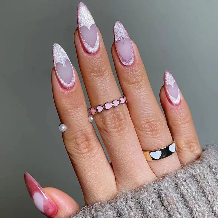 Romantic Valentine's Day Red Love Heart Charm Red Lips Almond Fake Nails