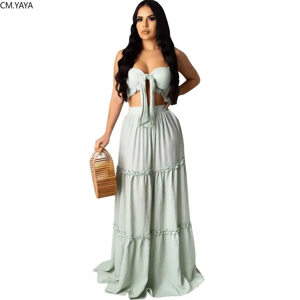 Solid Beach Bohemian Bow Strapless Crop Top Cascanding Ruffles Long Skirt