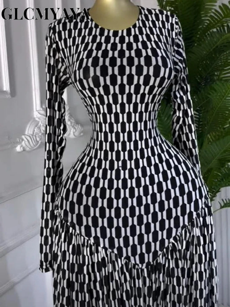 Plaid Round Neckline Long Sleeve Fit and Flare Long Maxi Dress