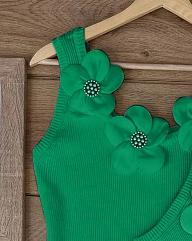 Summer Fashion Floral Pattern Beaded Decor Casual U-Neck Plain Sleeveless Tight Fitting Daily Knit Tank Top