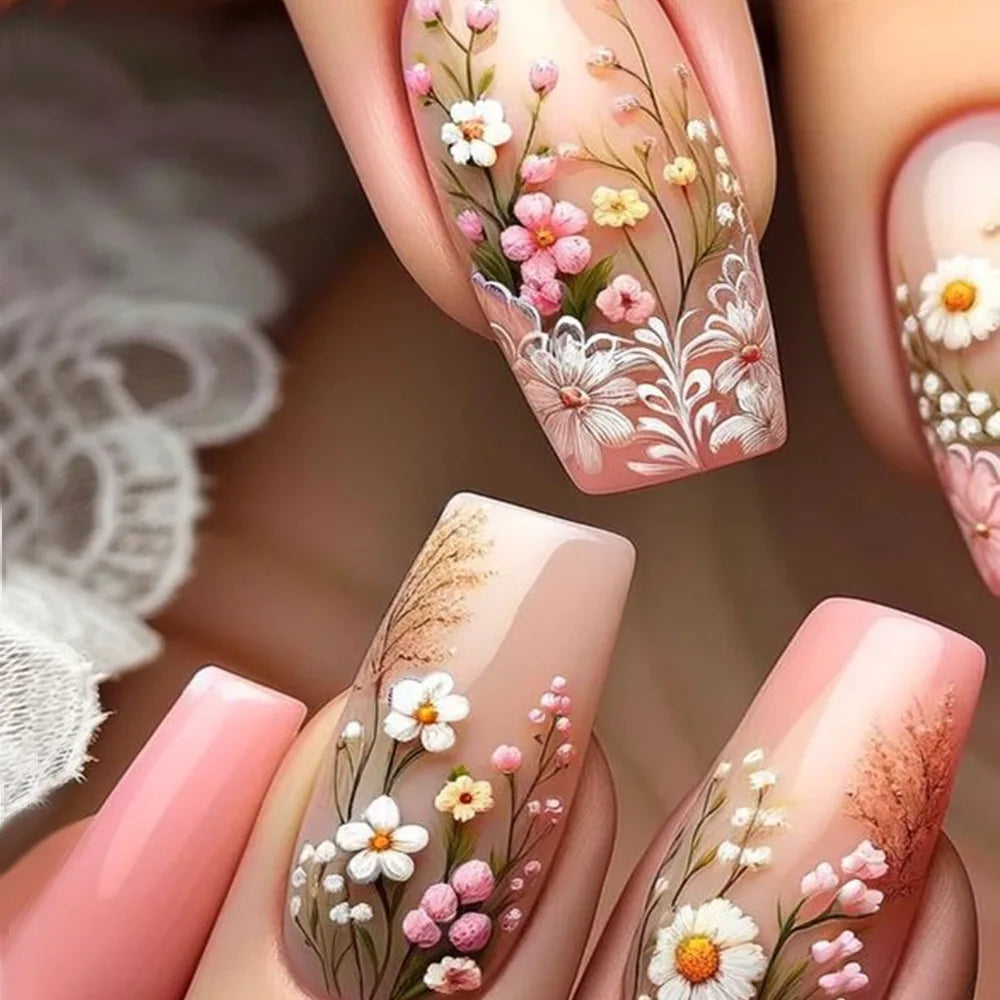 24pcs Mid-length  Flower Design Stick on Fake Nail