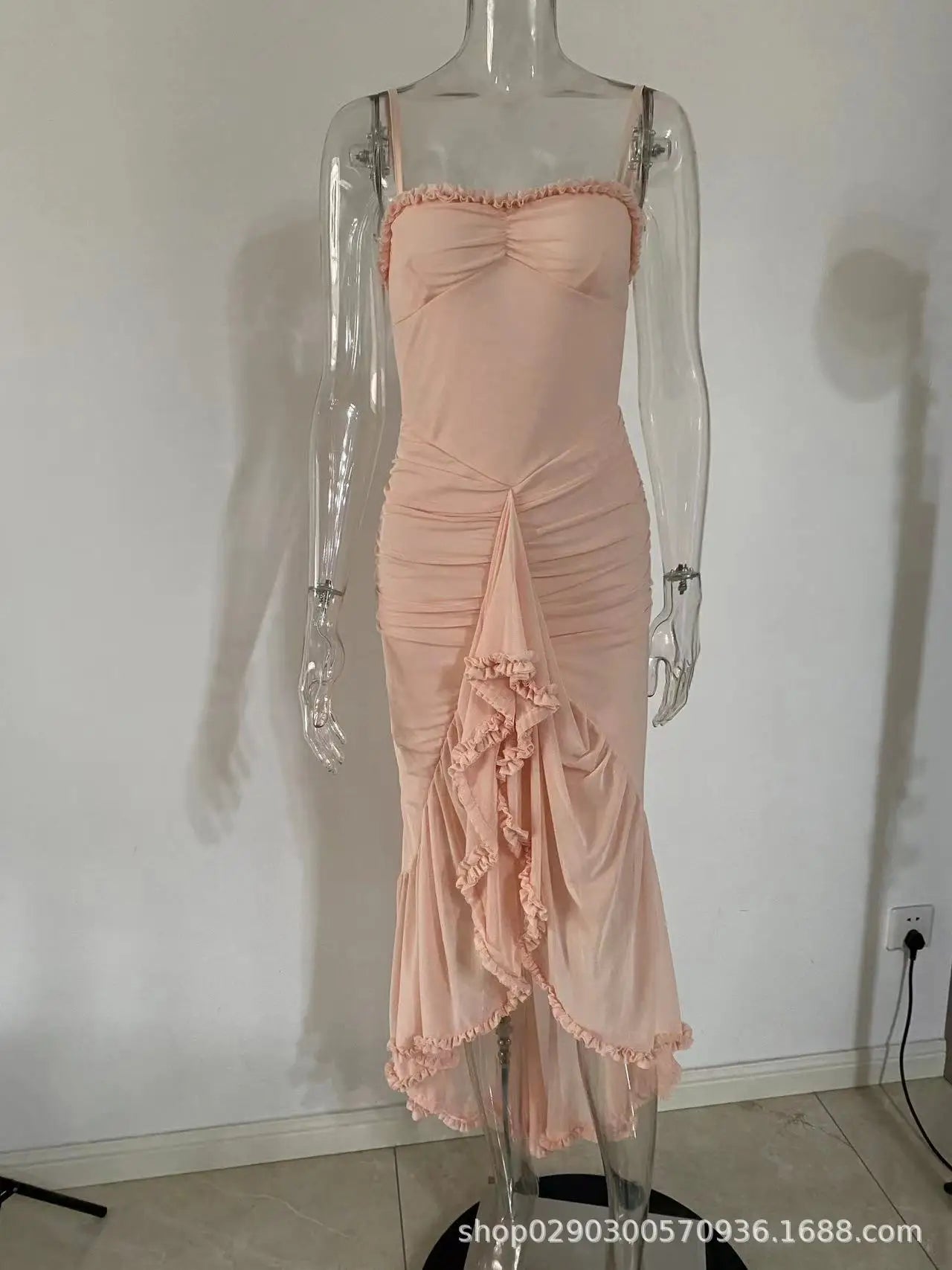 Elegant Irregular Ruffles Hem Pleated Sling Maxi Dress