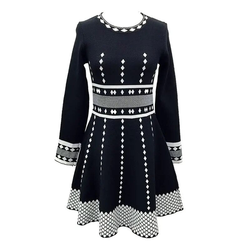 O-Neck Knee-length Elegant Fashion Spring Autumn Empire Plaid Printing Pullover Dresses