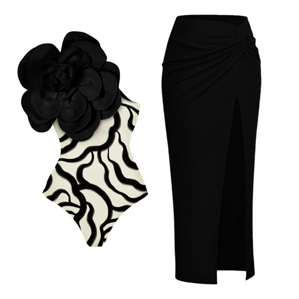 One-Shoulder Ruffled Print Floral Swimsuit Set