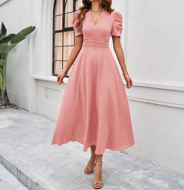 New Fashion 2024 Summer Casual Bubble Sleeve Short Sleeve V-Neck Solid Color Waist Dress