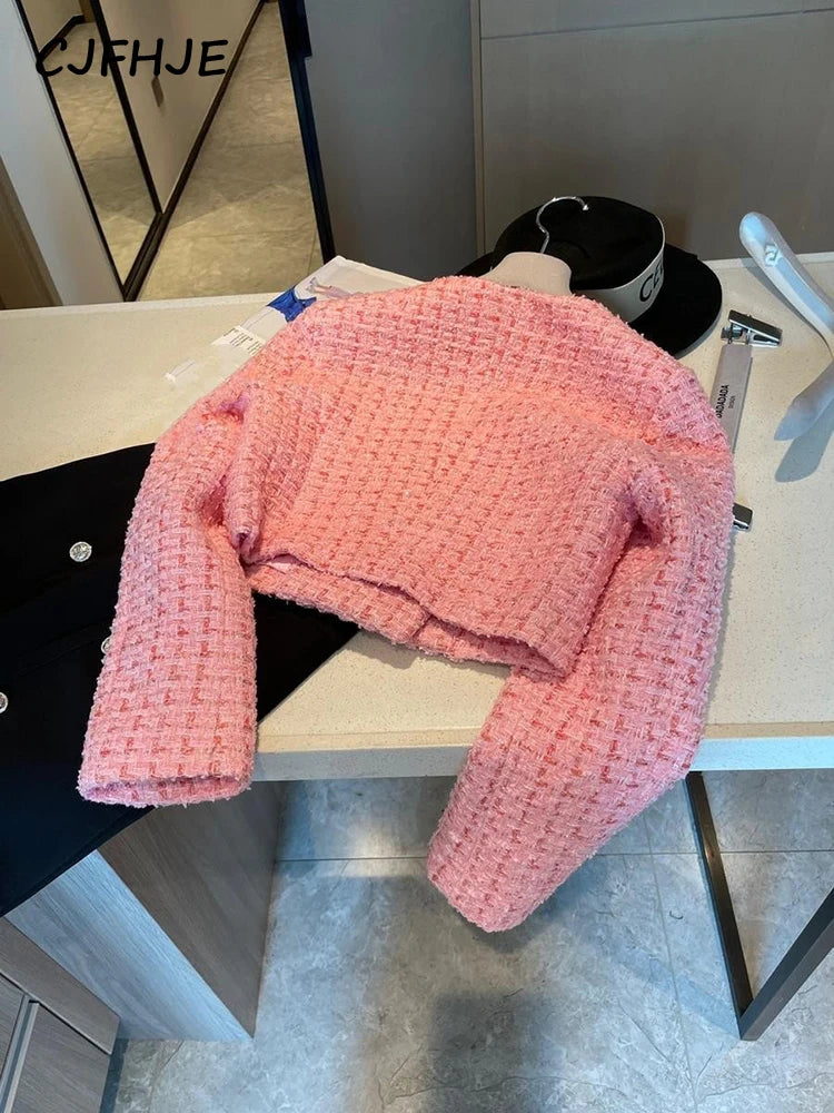 CJFHJE Autumn High Quality Ladies Jacket French Fashion Pink Square Neck Pearl Button Bright Silk Tweed Fragrant Coat Women's