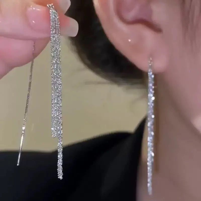 Classic Fashion Long Tassels Shiny Silver Color Drop Dangle Earrings