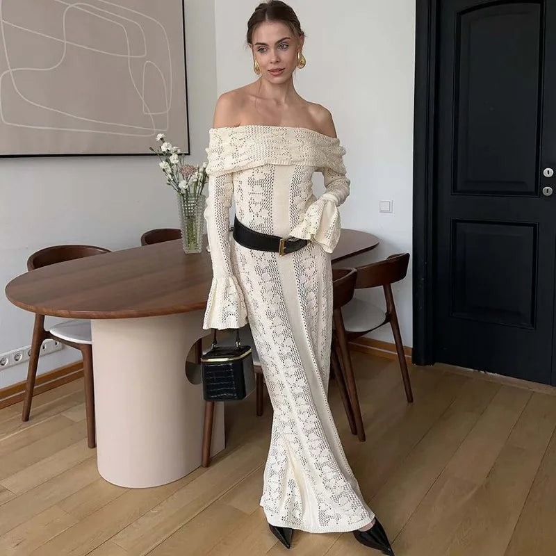 Elegant Knitted Fashion Hollow Out One Shoulder Vacation Long Dresses