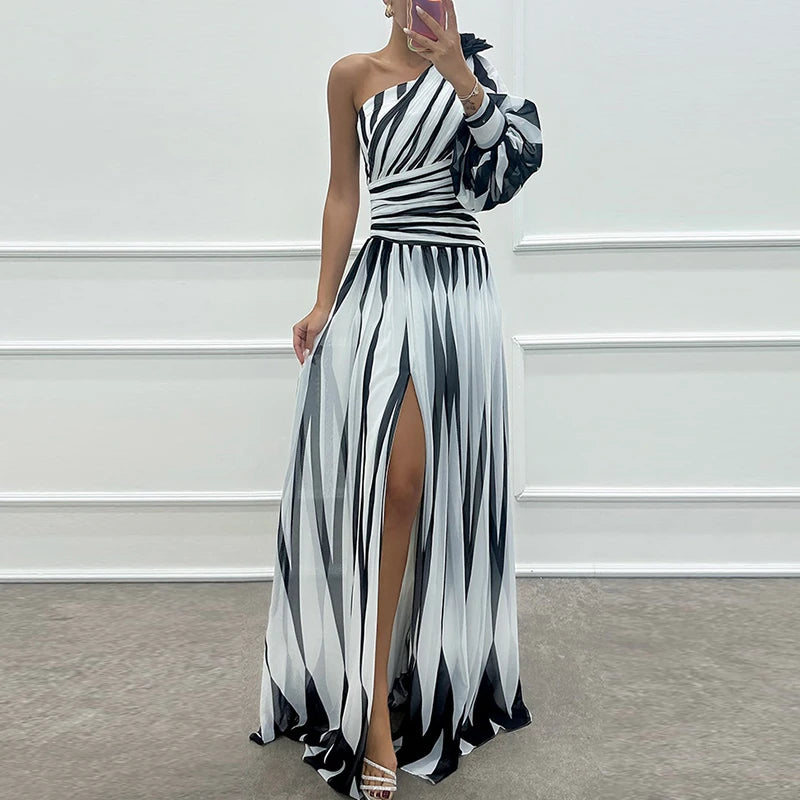Sexy Spilt Waist Chiffon Stripe Print Asymmetric Long Dress