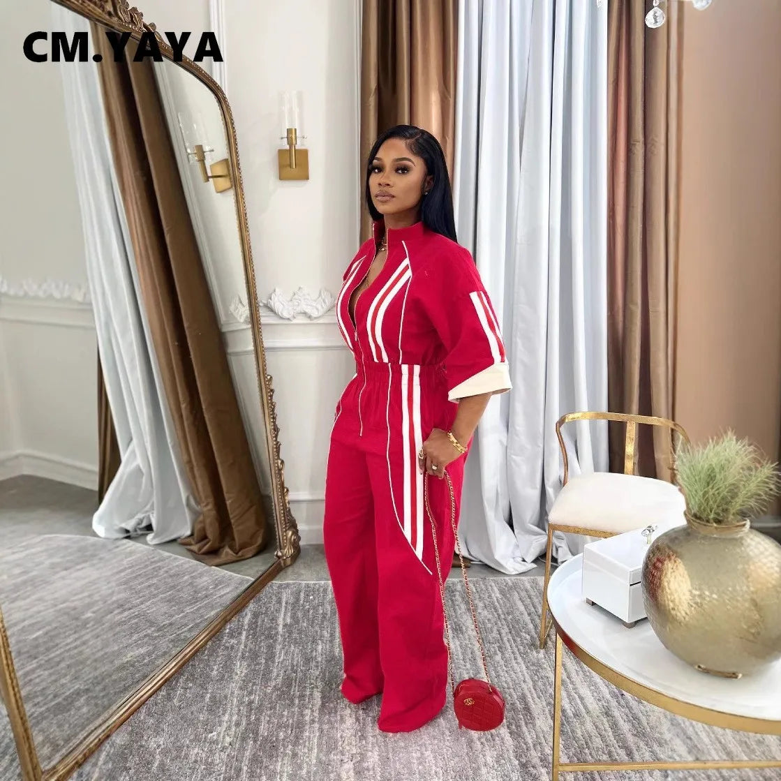 Half Sleeve High Waist Straight Wide Leg Jumpsuits