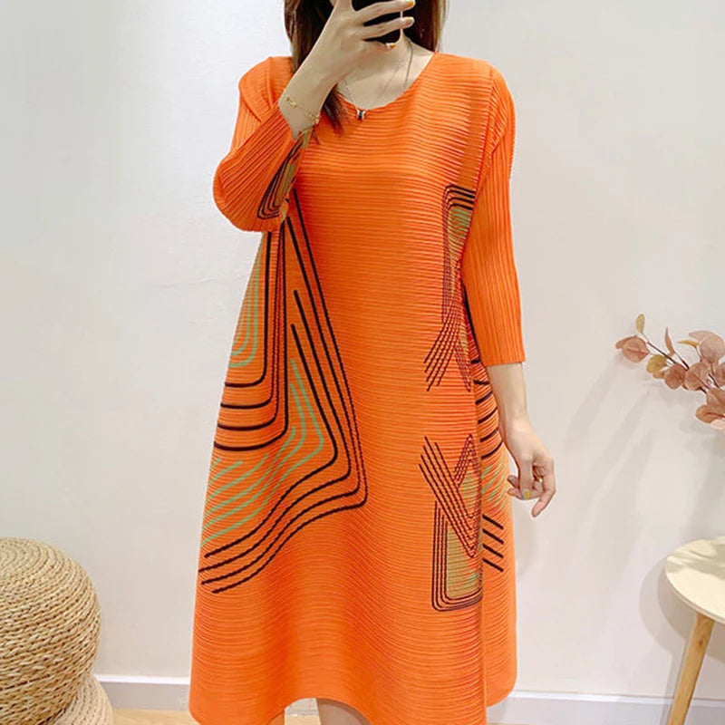 Orange Pleated A-Line Maxi Dress