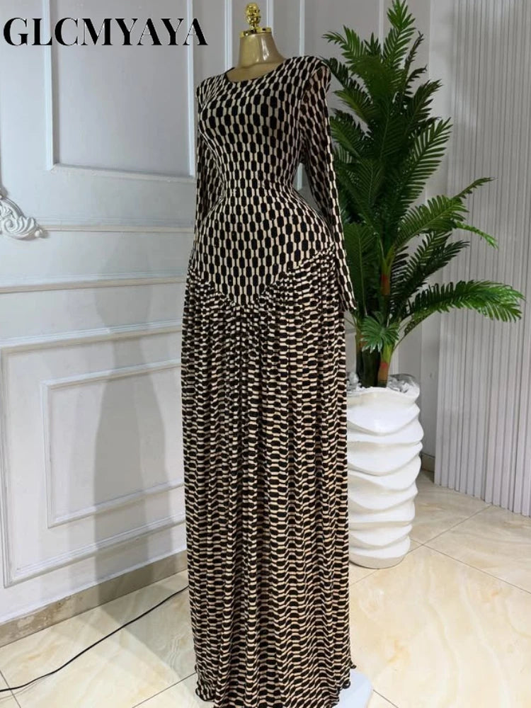 Plaid Round Neckline Long Sleeve Fit and Flare Long Maxi Dress