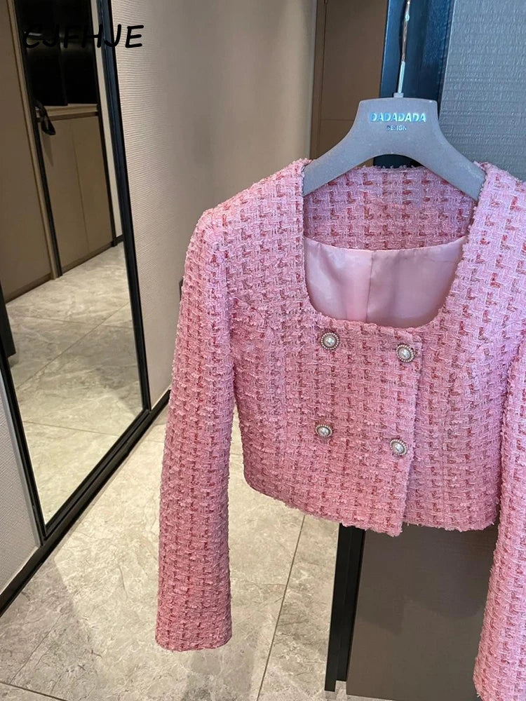 CJFHJE Autumn High Quality Ladies Jacket French Fashion Pink Square Neck Pearl Button Bright Silk Tweed Fragrant Coat Women's