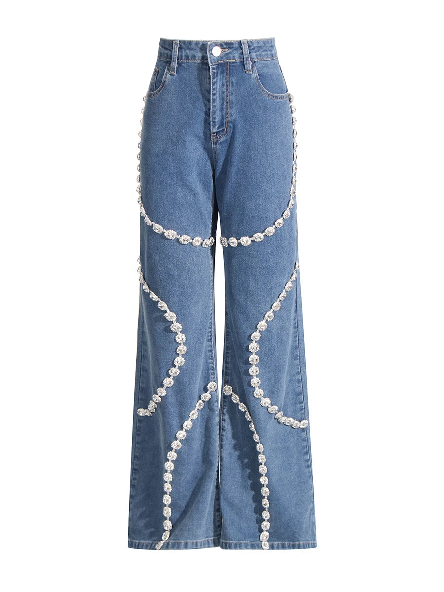 High Waist Spliced Solid Patchwork Diamonds Straight Jeans
