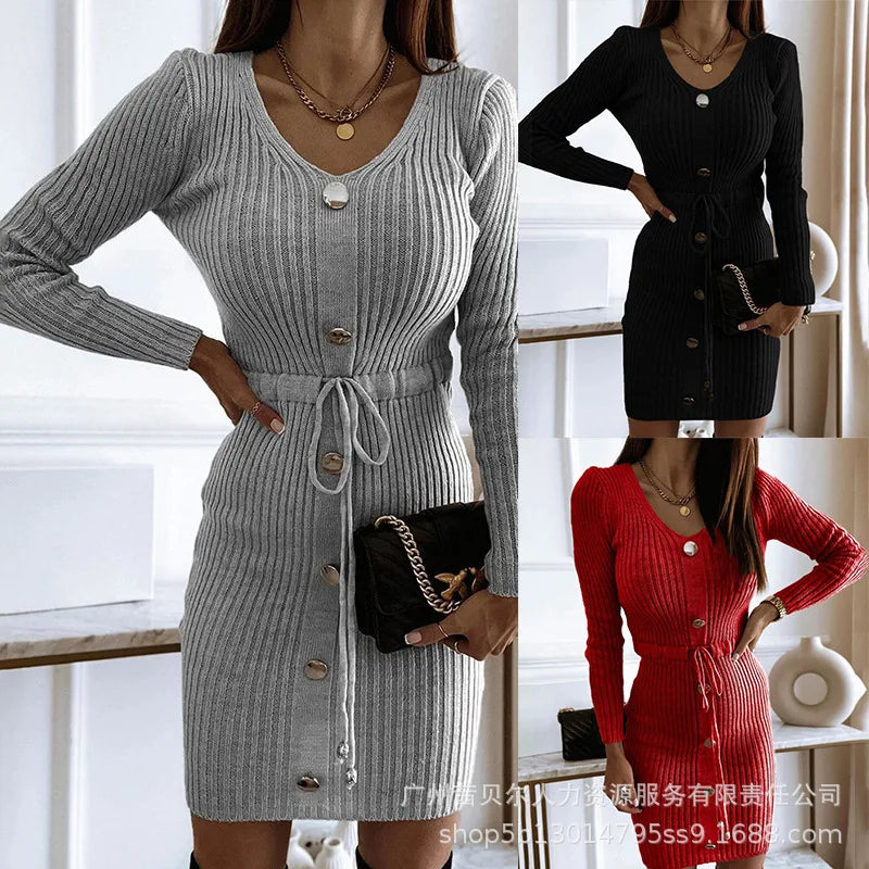 Knitted V Neck Full Sleeve Lace Up High Waist Drawstring Dress