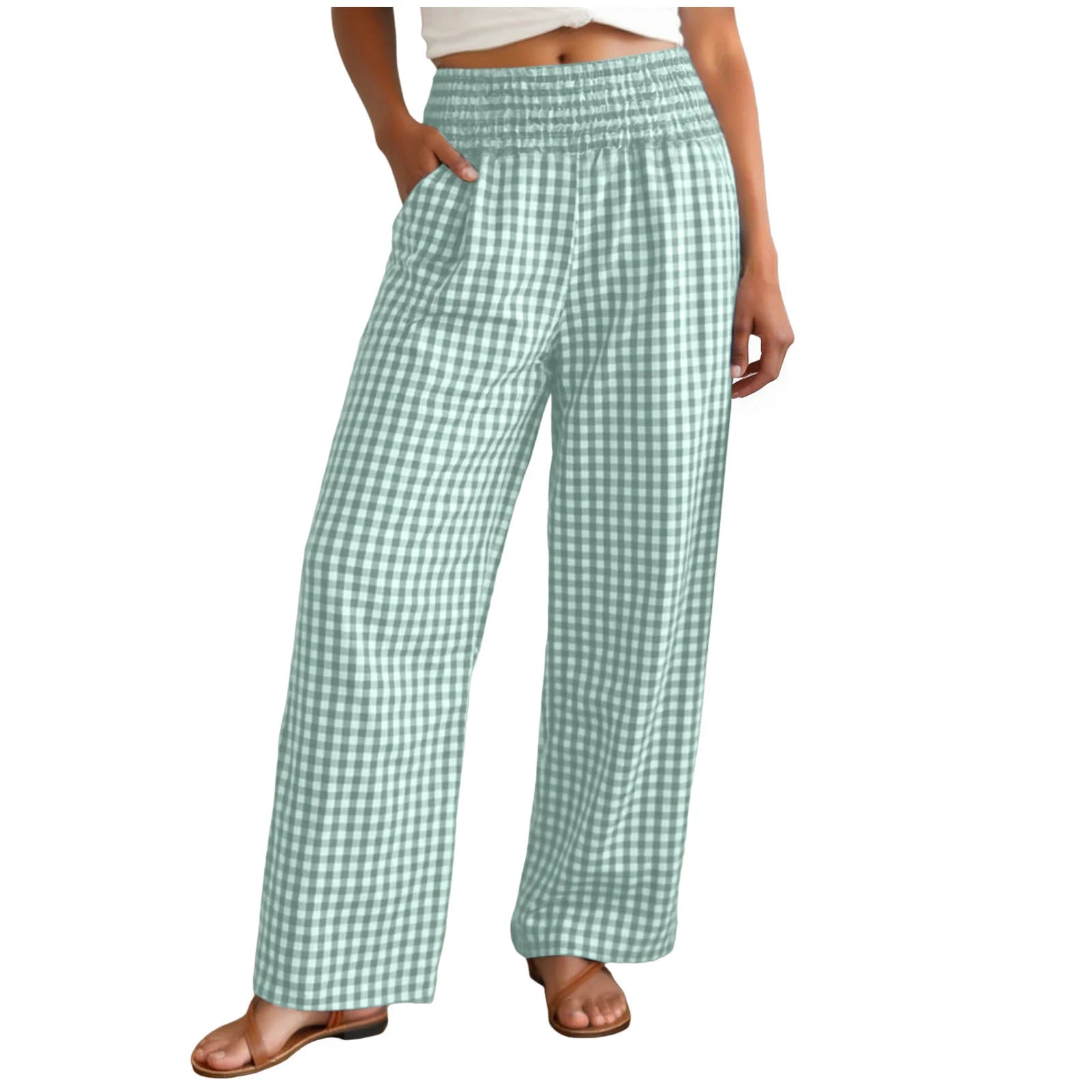 Casual Plaid Comfortable  With Pockets Elastic Waist Wide Leg Casual Pant