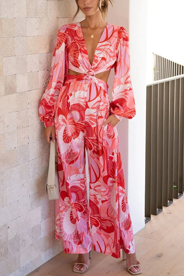 Sexy V Neck Long Sleeve Floral Print Jumpsuits