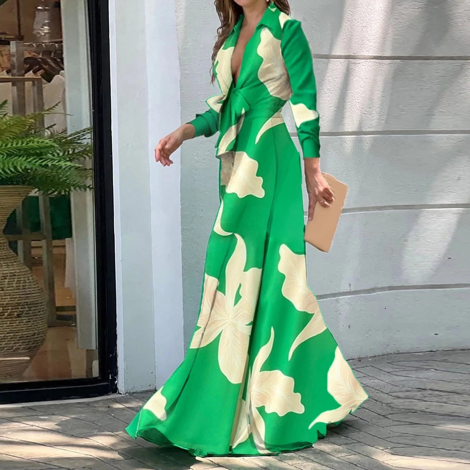 High Waist  Long Sleeve  Deep V Neck Light Luxury Jumpsuits