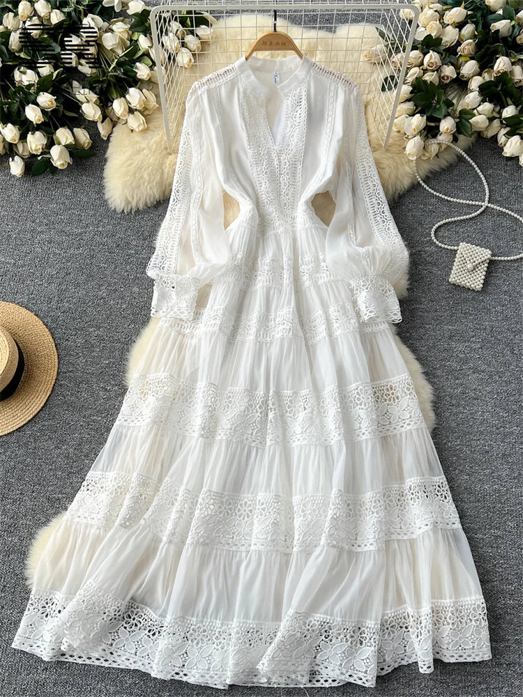 Vintage  Long Sleeves V Neck Zipper Desigh Hollow Out Embroidery Lace Splice Dresses