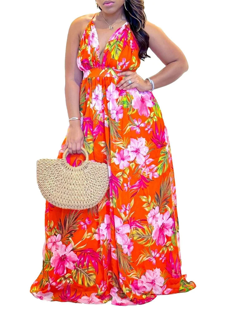 Summer Floral Print V Neck Multi Sleeveless Maxi Dresses