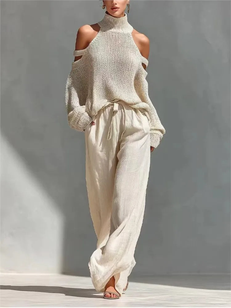 Fashion High Collar Off-Shoulder Knitted 2‑Piece Set – Sexy Hollow Top & Loose Wide-Leg Trousers