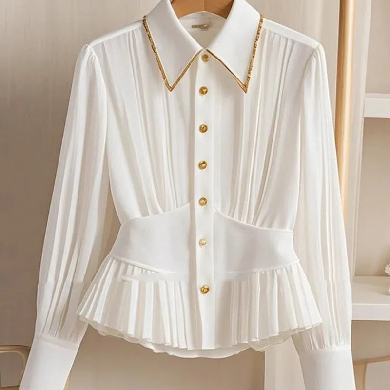 French Hepburn Style Niche Light Luxury High-end Feeling Pleated Polo Collar White Shirt