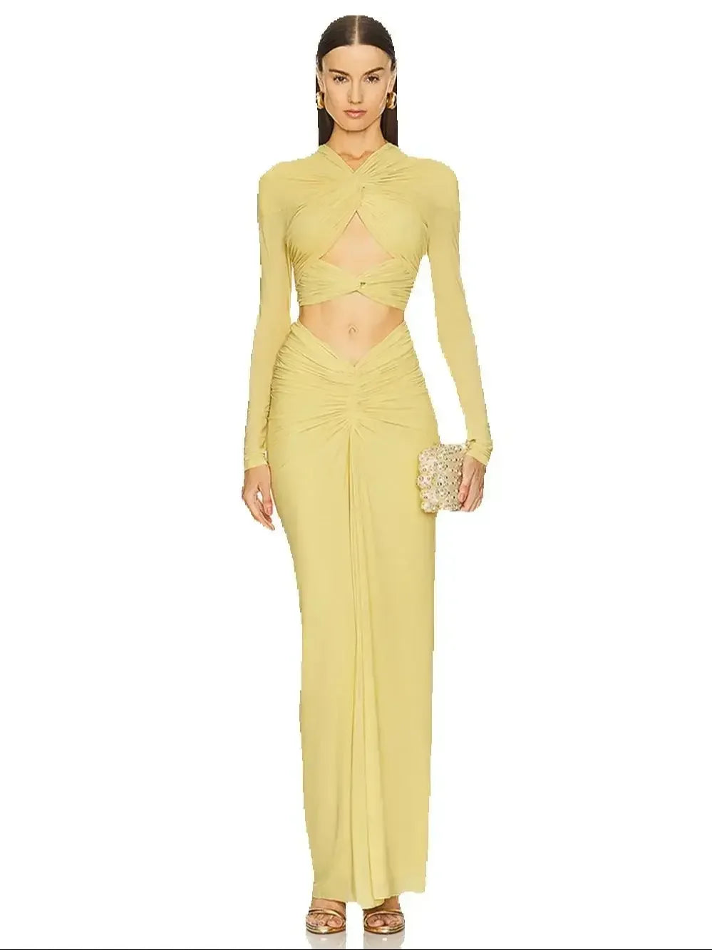 Sexy Long Sleeve Twisted hollow out midriff-baring Slim Two Piece Dress