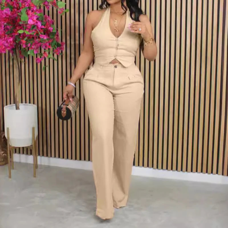 Spring Summer Long Sleeve Vest Top and Pants Set