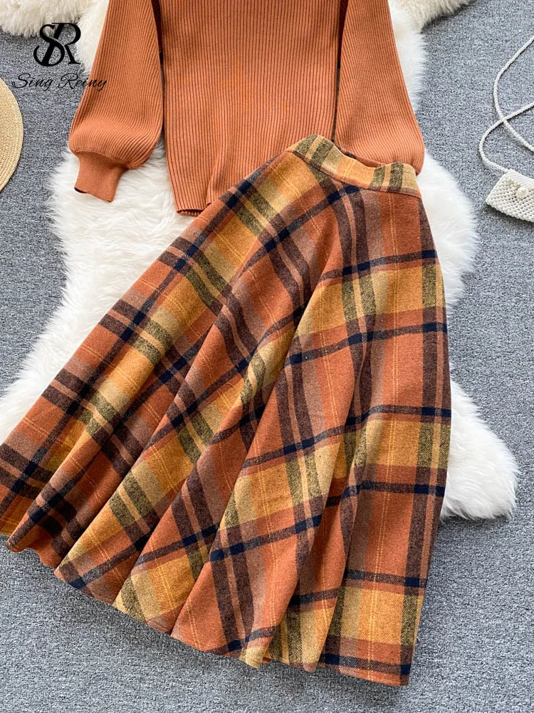 Fashion Lantern Sleeve Sheath Knitted Top+Elastic Loose Long Skirt Two Pieces Sets