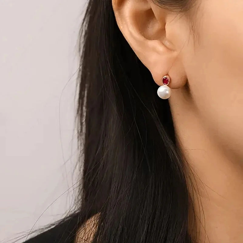 Chic Rose Red CZ & Imitation Pearl Stud Earrings