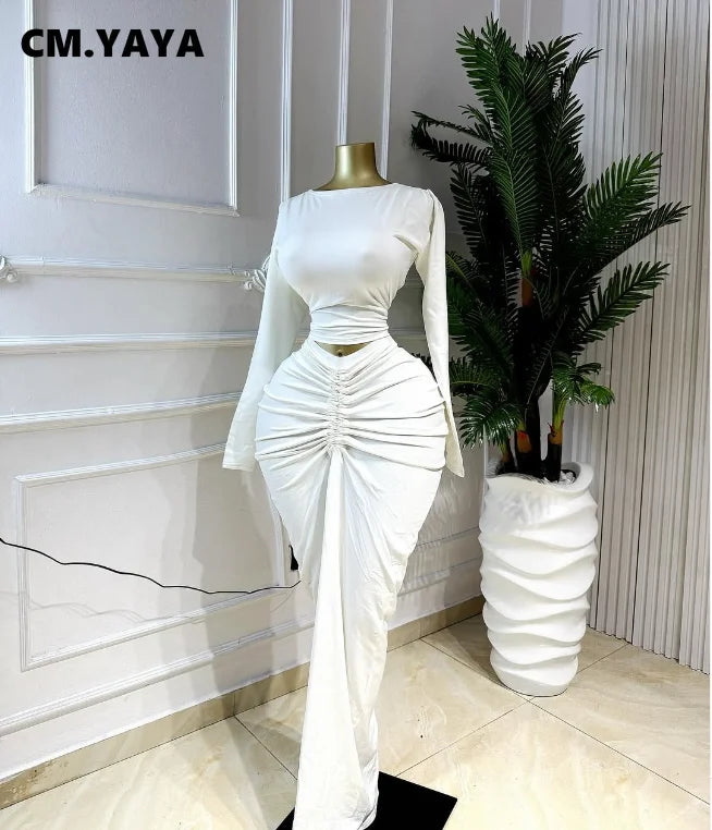 Fashion Ruched Crop Tops and Bodycon Long Skirts Suit