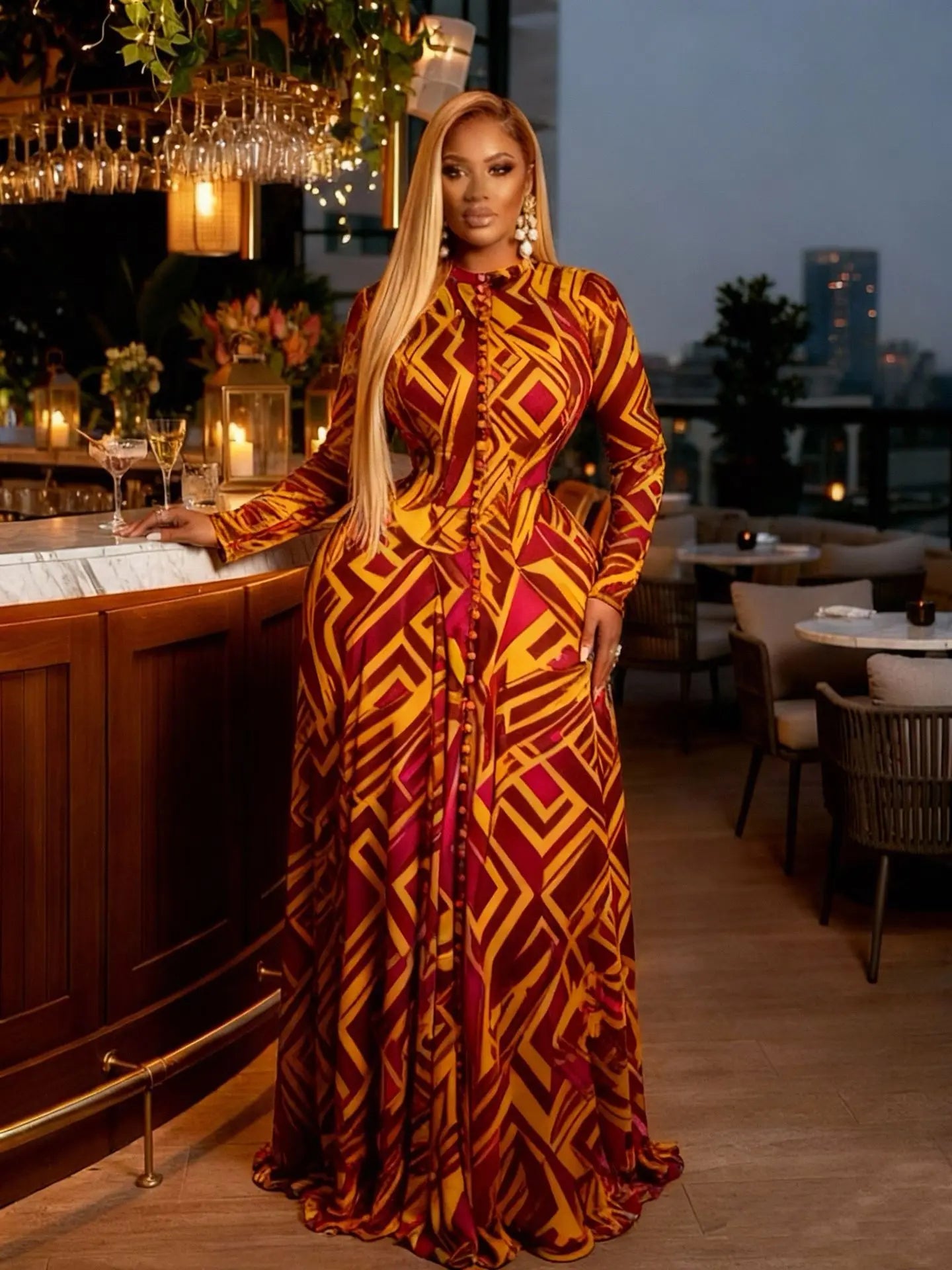 O-neck Long Sleeve Big Swing Tie Dye Print Long Dress