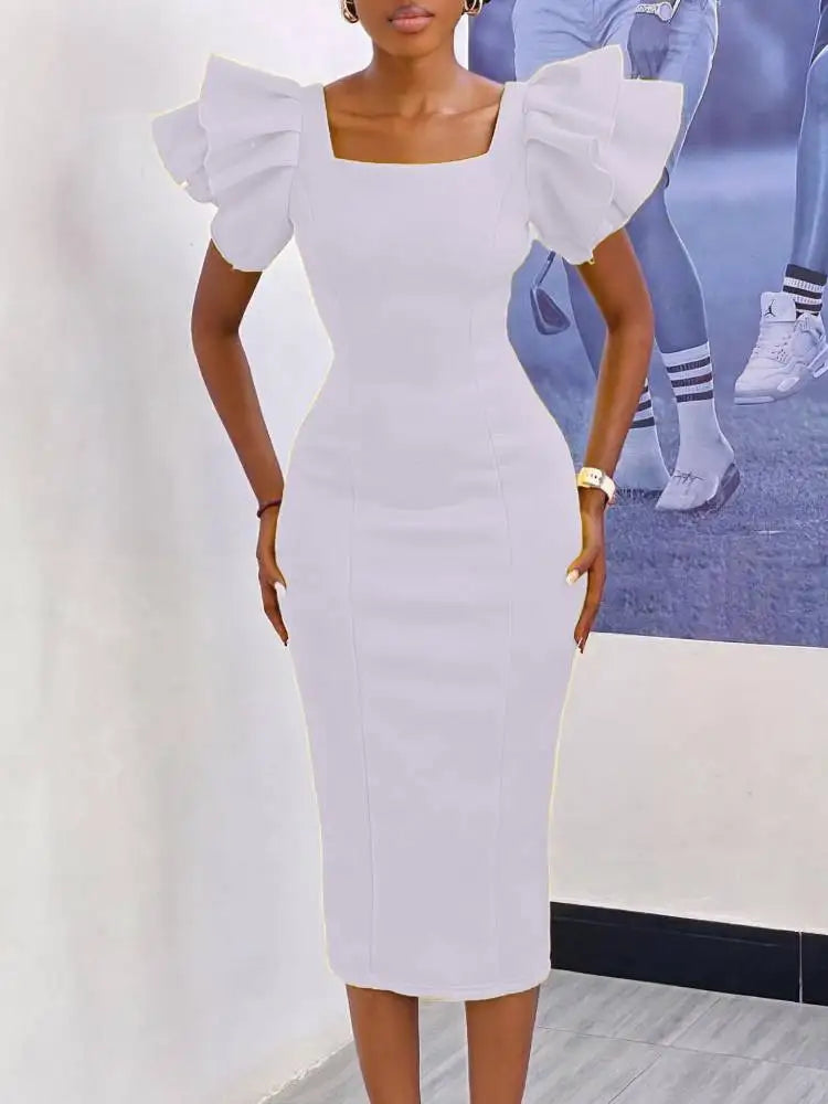 Slim Square Collar Ruffles Sleeves Bodycon Party Dresses