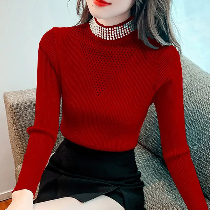 Fashion Stand Collar Spliced Hollow Out Diamonds Sweaters